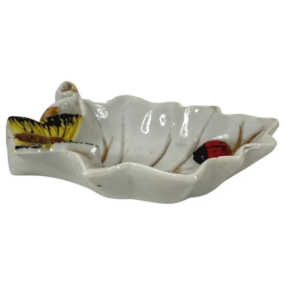 Teabag Holder Trinket Dish Ceramic White Butterfly Ladybug Leaf Japan Small